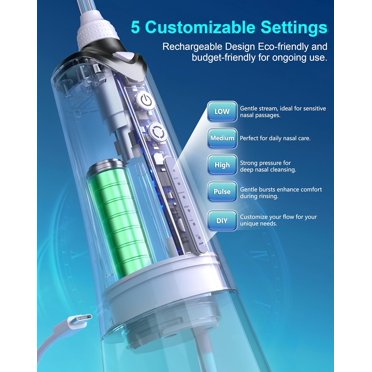 MAOEVER Electric Nasal Irrigation System - Dual Tank Neti Pot, Adjustable Flow, With 30 Salt Packets, Grey