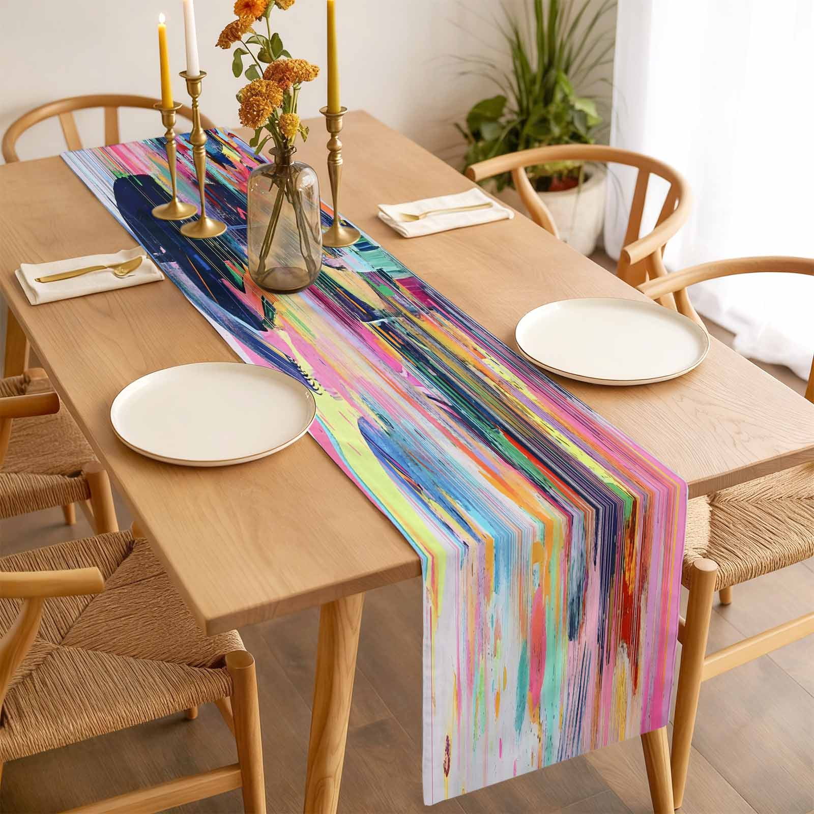 Abstract Art Table Runner 13x108 inch Modernism Colorful Color Block Collage Cotton Linen Dining Table Runner Ideal for Dresser Kitchen Coffee Tables - Machine Washable