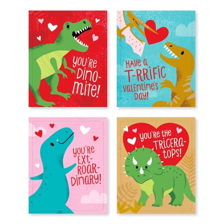 American Greetings Valentine's Day Classroom Sticker Exchange Cards for Kids, Dinosaurs (28-Count)