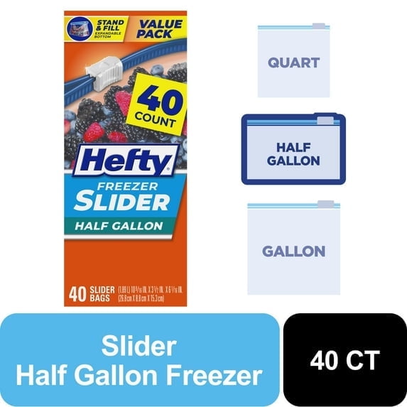 (4 pack) Hefty Slider Freezer Kitchen Storage Bags, Half gallon Size, 40 Count
