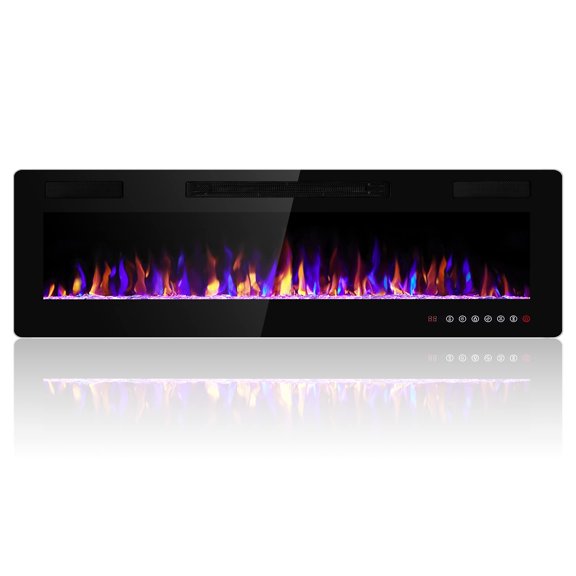 Chimenea eléctrica eléctrica de 60 pulgadas empotrada y montada en la pared, calentador de chimenea y chimenea lineal, con temporizador, control remoto, color de llama ajustable, 750 W/1500 W, negro