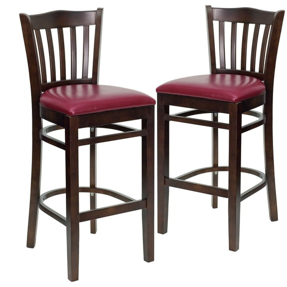 Flash Furniture 2 Pk. HERCULES Series Vertical Slat Back Walnut Wood Restaurant Barstool - Burgundy Vinyl Seat