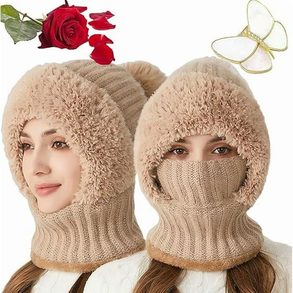 Averageon 3 in 1 Beanie Hat for Women, Outdoors Windproof Scarf Hat Balaclava Women's Knitted Hat in Winter(2PCS,Khaki)