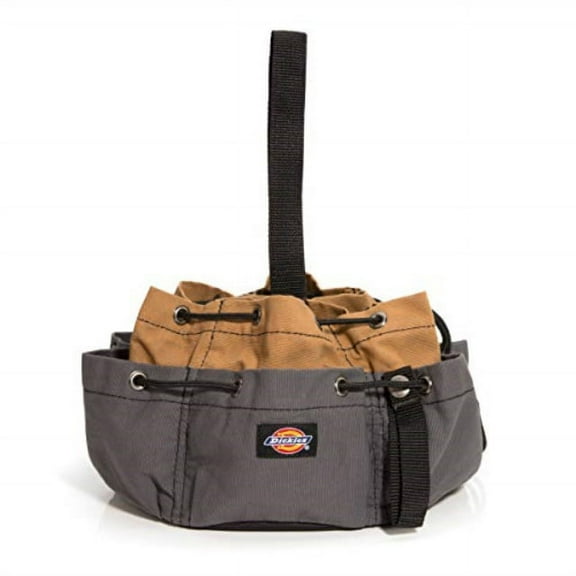 dickies work gear 12-pocket style 57004 grey/tan drawstring work tool bag construction snap-secured tape strap 8.8 oz