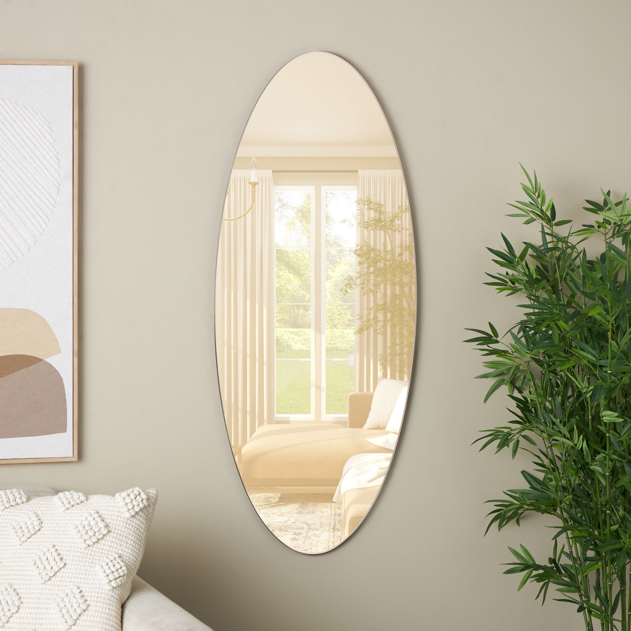 DecMode 20" x 47" Beige Oval Wall Mirror