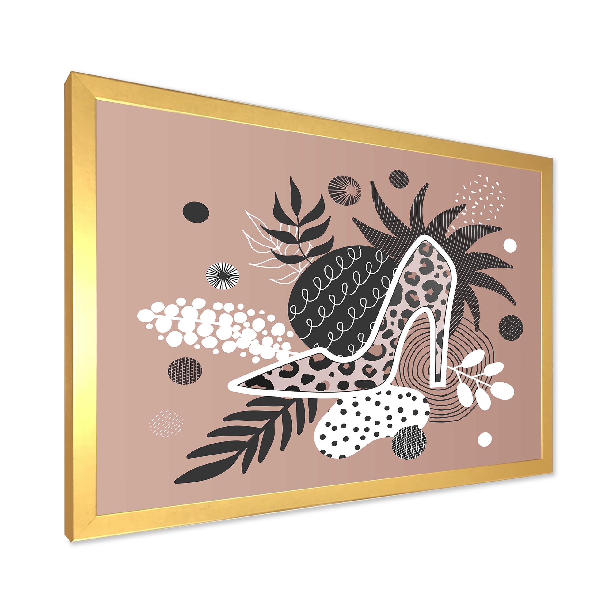 Designart 'Leopard High-Heeled Shoes On Tropical Leaves' Modern Framed Art Print