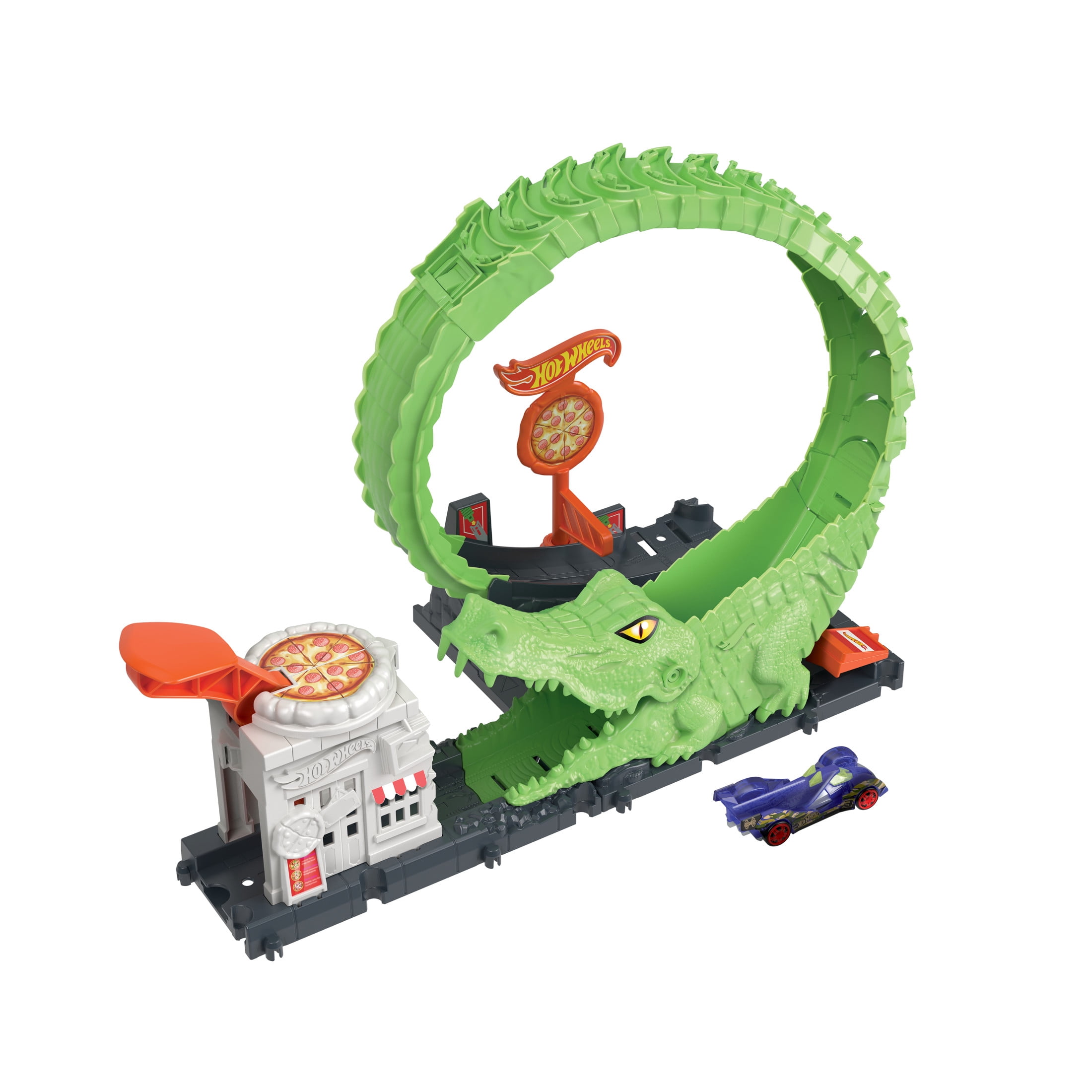 Hot Wheels Gator Loop Pizza Place Playset, Track Set with 1 Toy Car