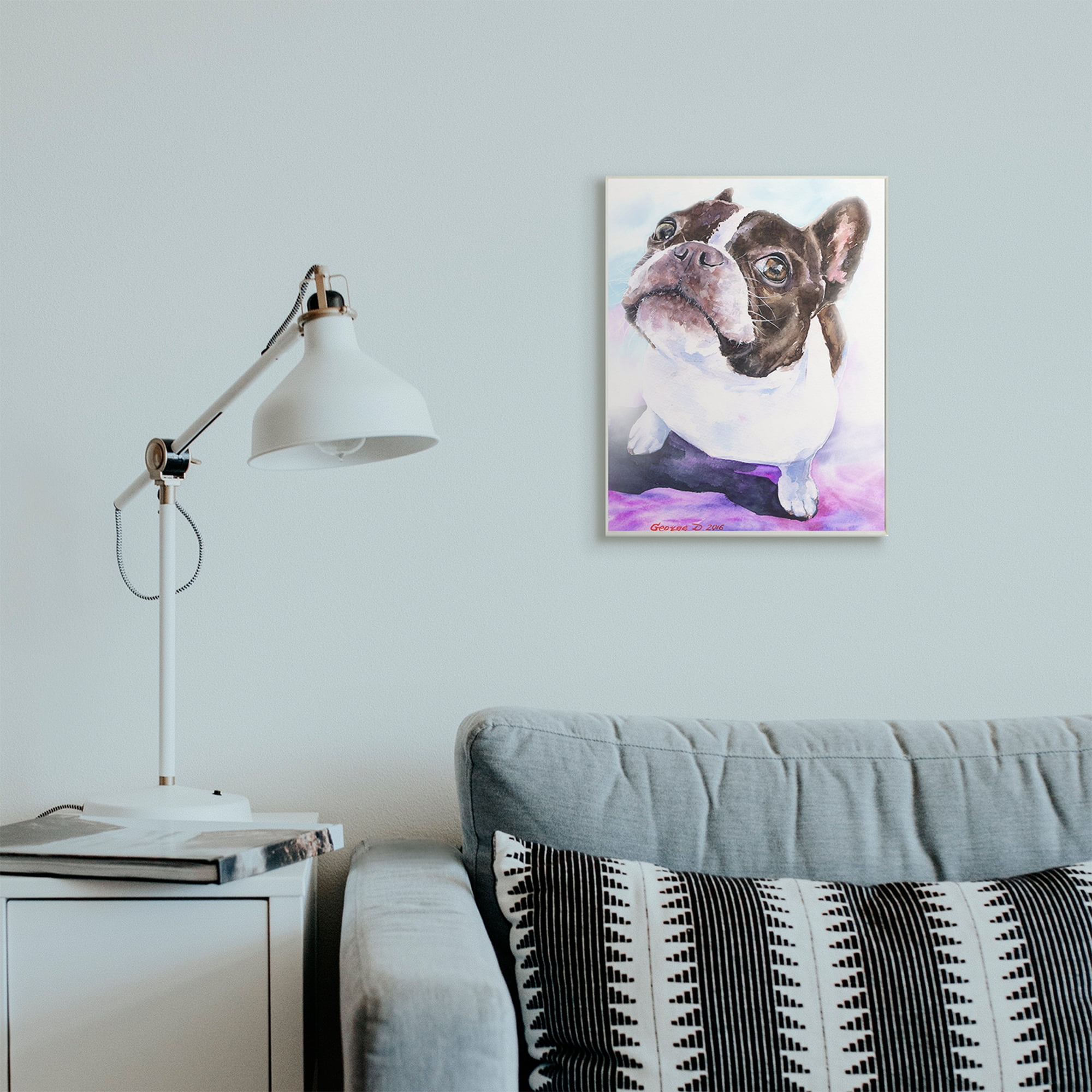 Stupell Industries Happy Boston Terrier Pet Dog Portrait Black Purple Wall Plaque, 13 x 19, Design by George Dyachenko