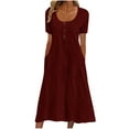 thumbnail image 3 of Summer Red Crew Neck Dresses for Women 2025 Short Sleeved Solid Color Button-up Skirt with Pocket Plus Size S-2XL Price Reduction Alert 50% Off!, 3 of 7