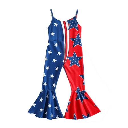 

jaweiw 4th of July Little Girls Suspender Flare Pants Jumpsuit Independence Day Printed Flared Long Romper 1 2 3 4 5Years