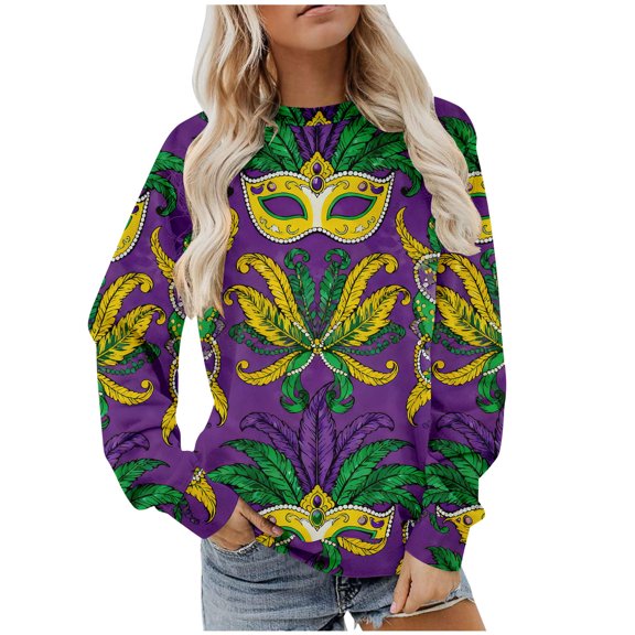 Felirenzacia Women's Carnival Fleece Sweatshirt, Crewneck Long Sleeve Mardi Gras Party Pullover Hoodie Tops, S-3XL