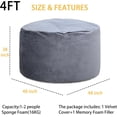 thumbnail image 3 of 4ft gris giant velvet bean bag chair filled con foam para sala de estar y dormitorio, 3 of 8