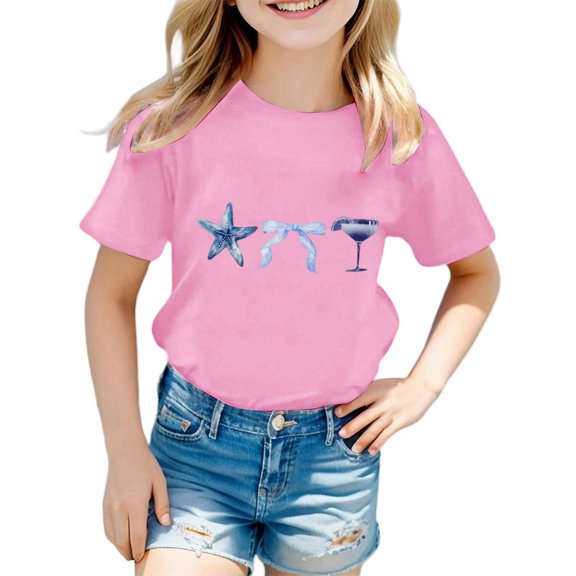 Girls Tshirts Ocean Animal Graphic Short Sleeve Crew Neck Summer Breathable Soft Trendy Pink Top for Girls Size 2-3 Y