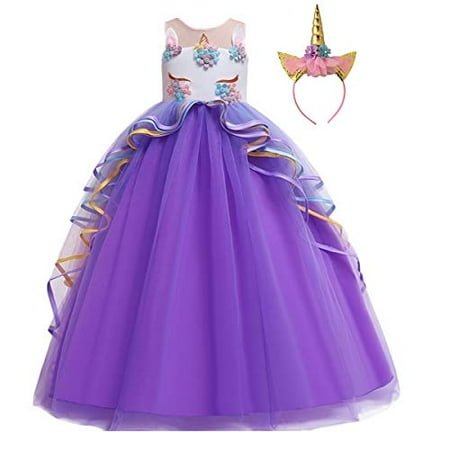 

IZKIZF Girls Unicorn Costume Princess Long Maxi Tulle Dress w/Headband Birthday Party Carnival Cosplay Dress Up Outfits Purple 12-13T