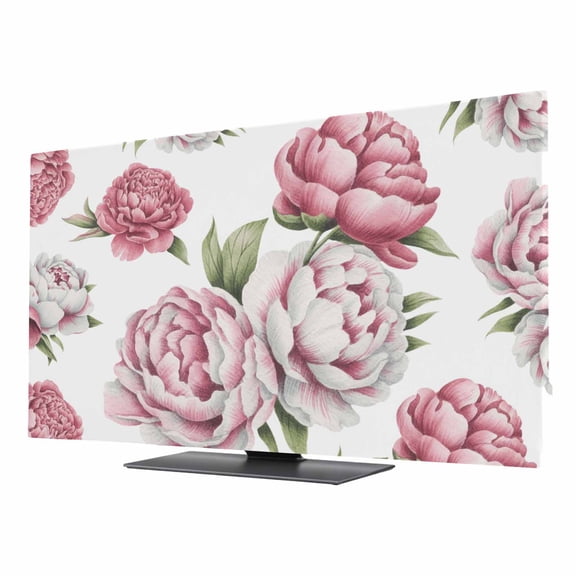 Indoor TV Cover 32 Inch, Pink Floral Elastic Monitor Dust Covers for Television, Desktop Computer Spring Summer Modern Flower Leaf Dustproof Fitted TV Cover for Inside 27.9"L x 15.7"H