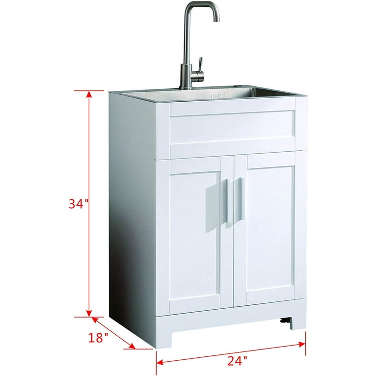 24 White Laundry Utility Cabinet w/ Stainless Steel Sink and