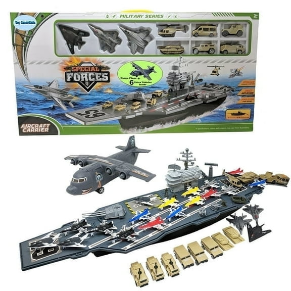 Toy Essentials Toy Aircraft Carrier Army Men with Cargo Plane, 18 Fighter Jets, 12 Military Vehicles