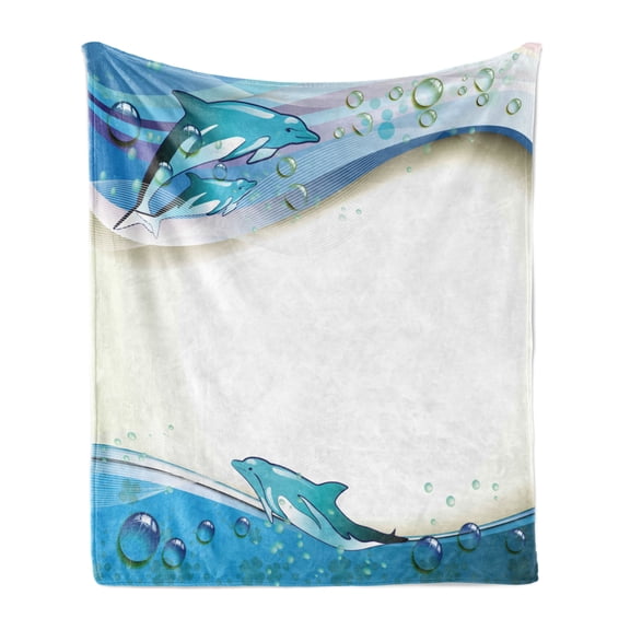 Ocean Soft Flannel Fleece Throw Blanket, Illustration of Dolphins on Sea Waves with Water Drops Framework Abstract, Cozy Plush for Indoor and Outdoor Use, 50" x 60", Beige Blue Aqua, by Ambesonne