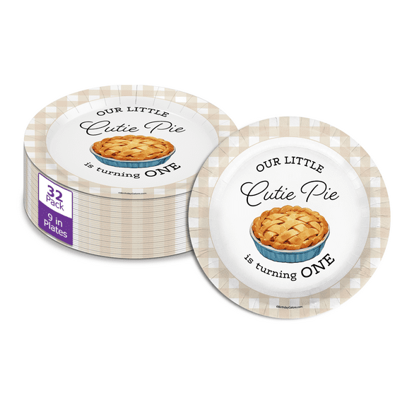Our Little Cutie Pie First Birthday - 32 Piece Disposable Party Supplies - Decorations for Fall Dessert 1st Birthday Round Party Plates - Large 9" Paper Plates In Bulk