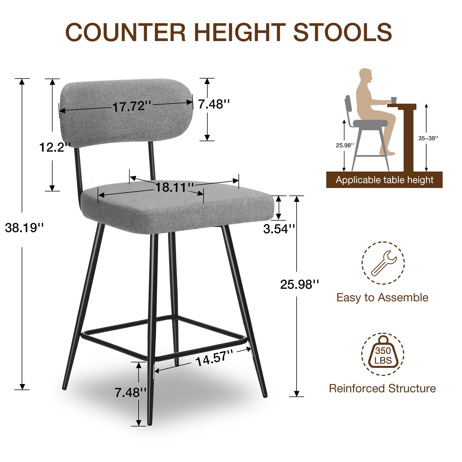 Hommpa Swivel Bar Stools Set of 3 Counter Height Barstools 26" Gray Linen Fabric Upholstered Kitchen Counter Stools with Backs, Metal Legs, Footrest and Wide Seat