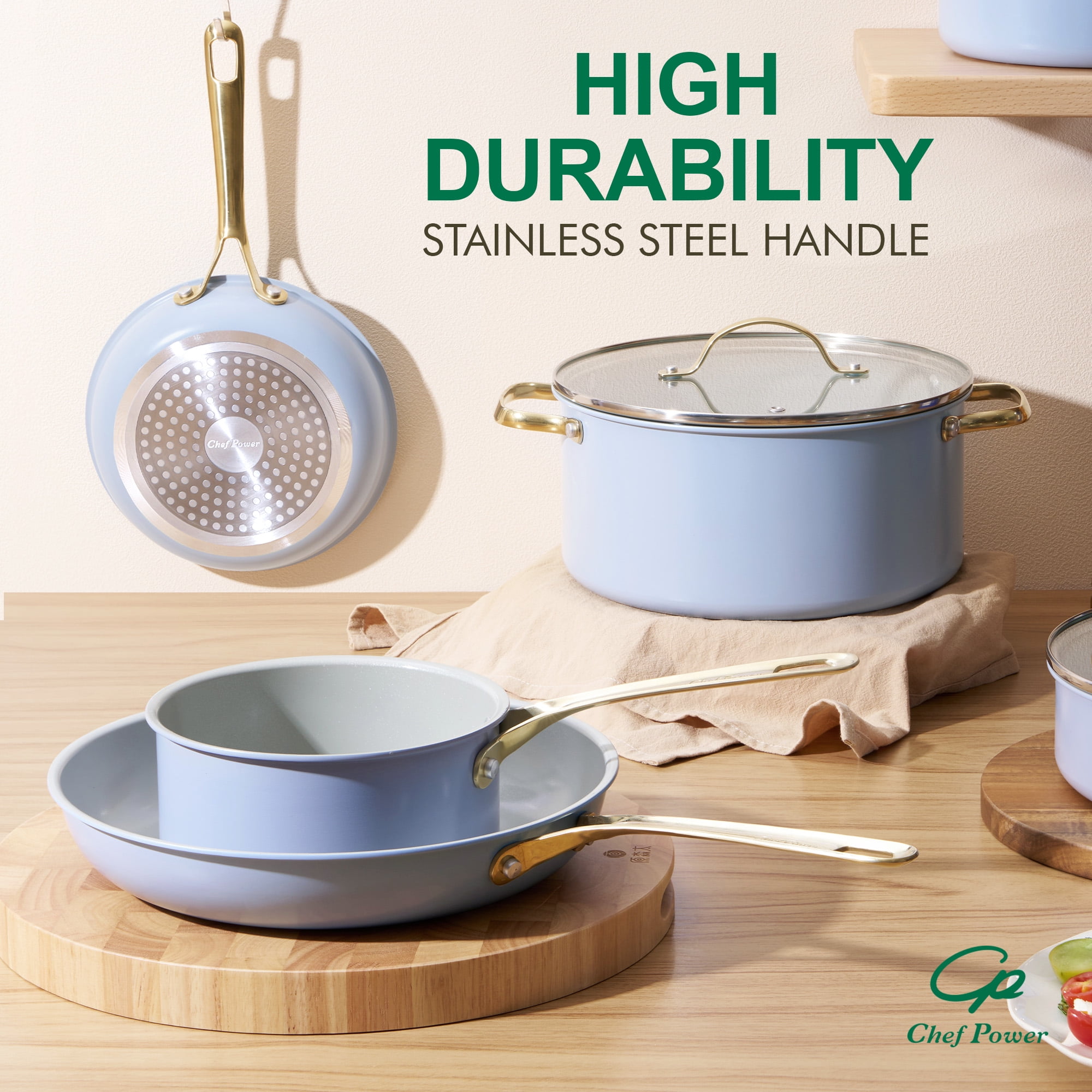 Chef Power 10 Pcs Ceramic Non Stick Cookware Sets, Pots and Pans Set with Stainless Steel Handle, Dishwasher and Oven Safe, Blue Gray with Light Gold Handle