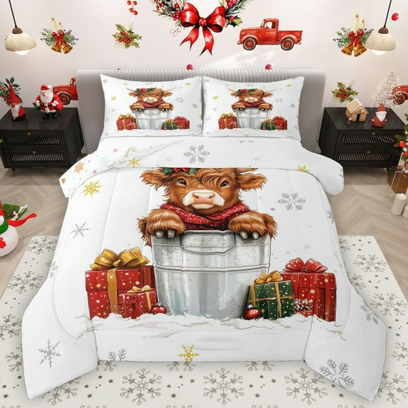 Homewish Merry Xmas Bedding Comforter Set,Rustic Highland Cattle Twin Comforter Sets,Gold White Snowflake Bedding Set For Boys Kids,Microfiber Bedroom Decor Reversible,2-Piece