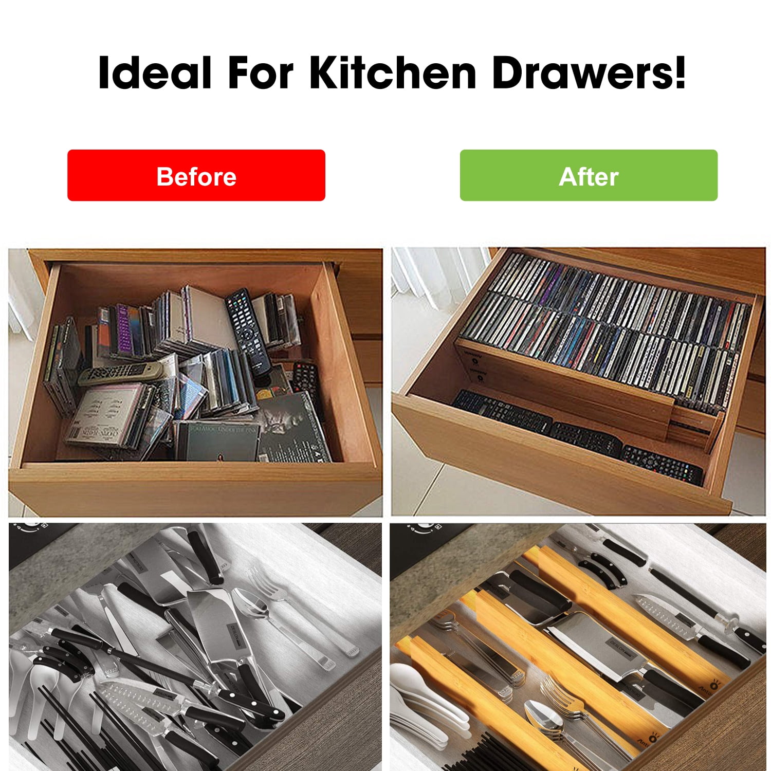 ANTOWIN 10Pack Bamboo Drawer Dividers, Expandable Drawer Separators Splitter, 17-22 inches Adjustable Spring-loaded Organizer for Large Utensil, Clothes, Tools Drawers