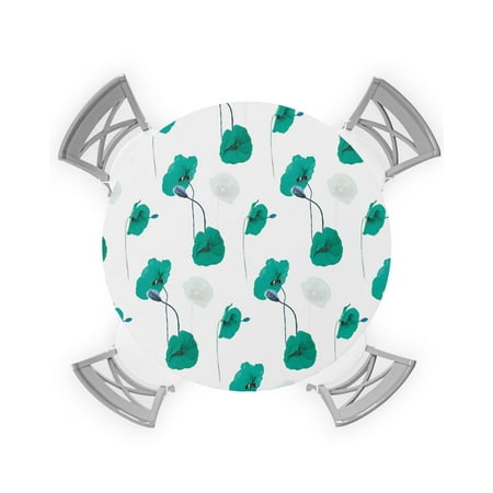 

Round Tablecloth with Elastic Green Poppy Flower Waterproof Stain-proof Table Cover Wipeable Fitted Table Cloths for 55 -60 Round Tables Dining Kitchen