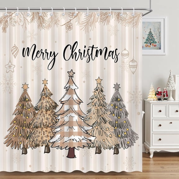 Christmas Shower Curtain Christmas Tree Beige Stripes Bathroom Shower Curtain Winter Xmas Tree Waterproof Fabric Shower Curtains Bathtub Decor with 12 Hooks 60x72 inches