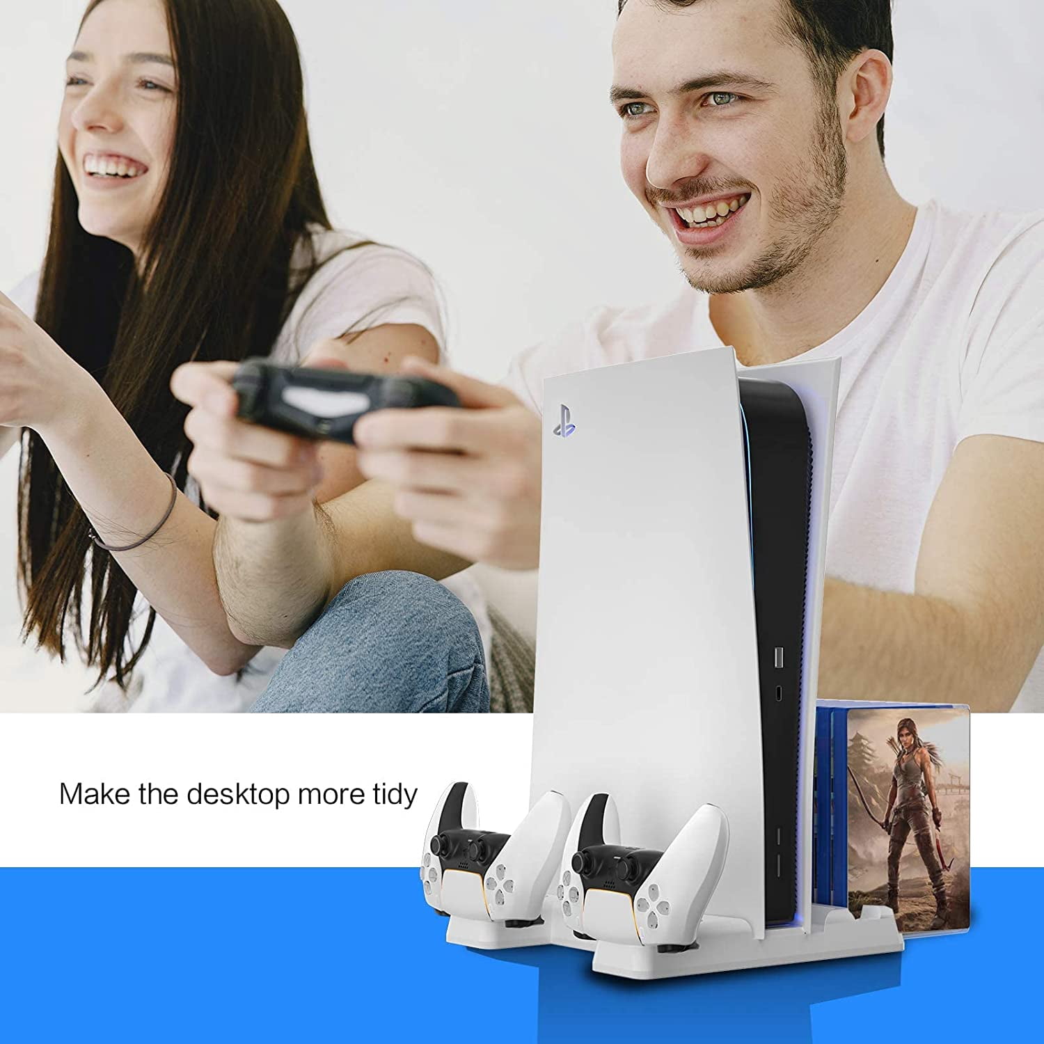 PS5 Cooling Stand, Fast Charging PS5 Stand with Cooling Fans, 3 Levels Adjustable Fans Speed, 12 PS5 Game Rack Organizer - White