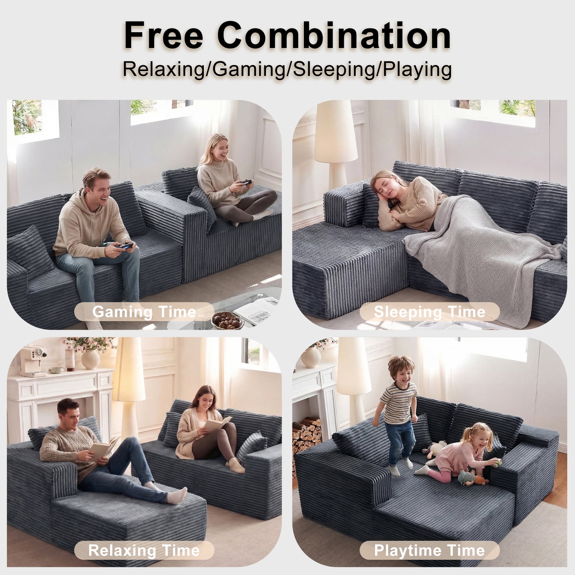 Actoroom 106" Modular Sectional Couch, L-Shape Boneless Cloud Couch, 4 in 1 Convertible Upholstered Sofa for Living Room, Grey
