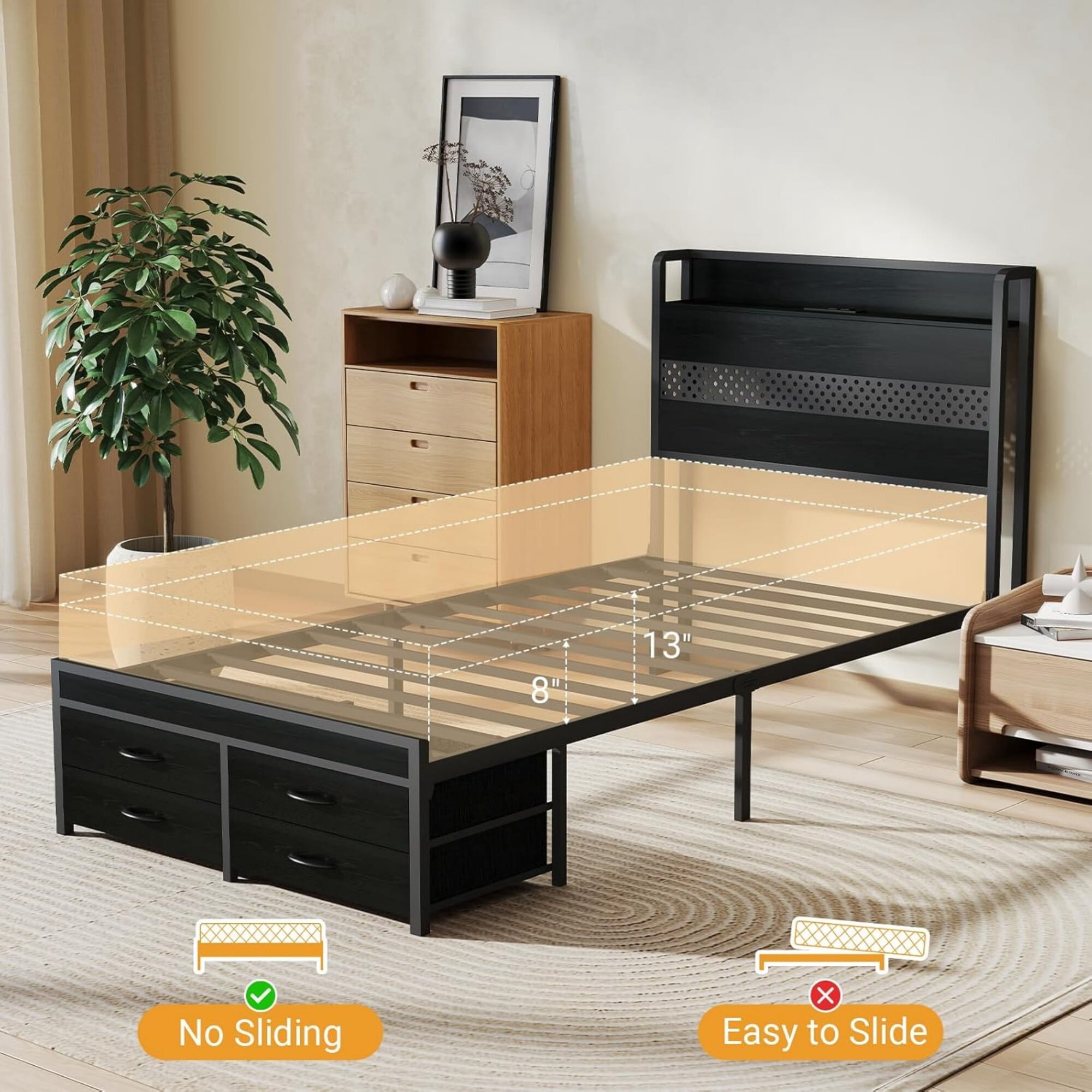 AENKYO Twin Size Bed Frame with 4 Storage Drawers, LED Lights, Charging Station Headboard, Black