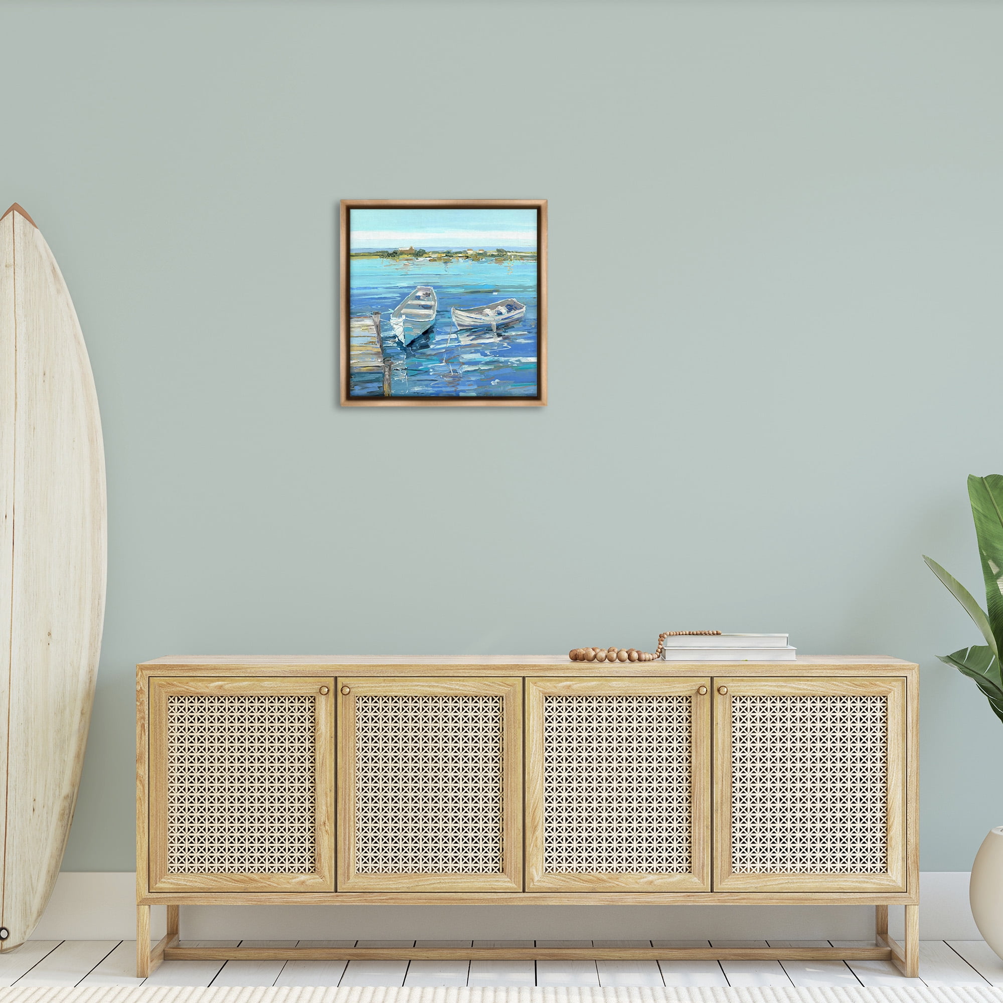 Stupell Industries Serene Rowboats at Dock Nature Painting Brown Floater Framed Canvas Art Print Wall Art, 25 x 25