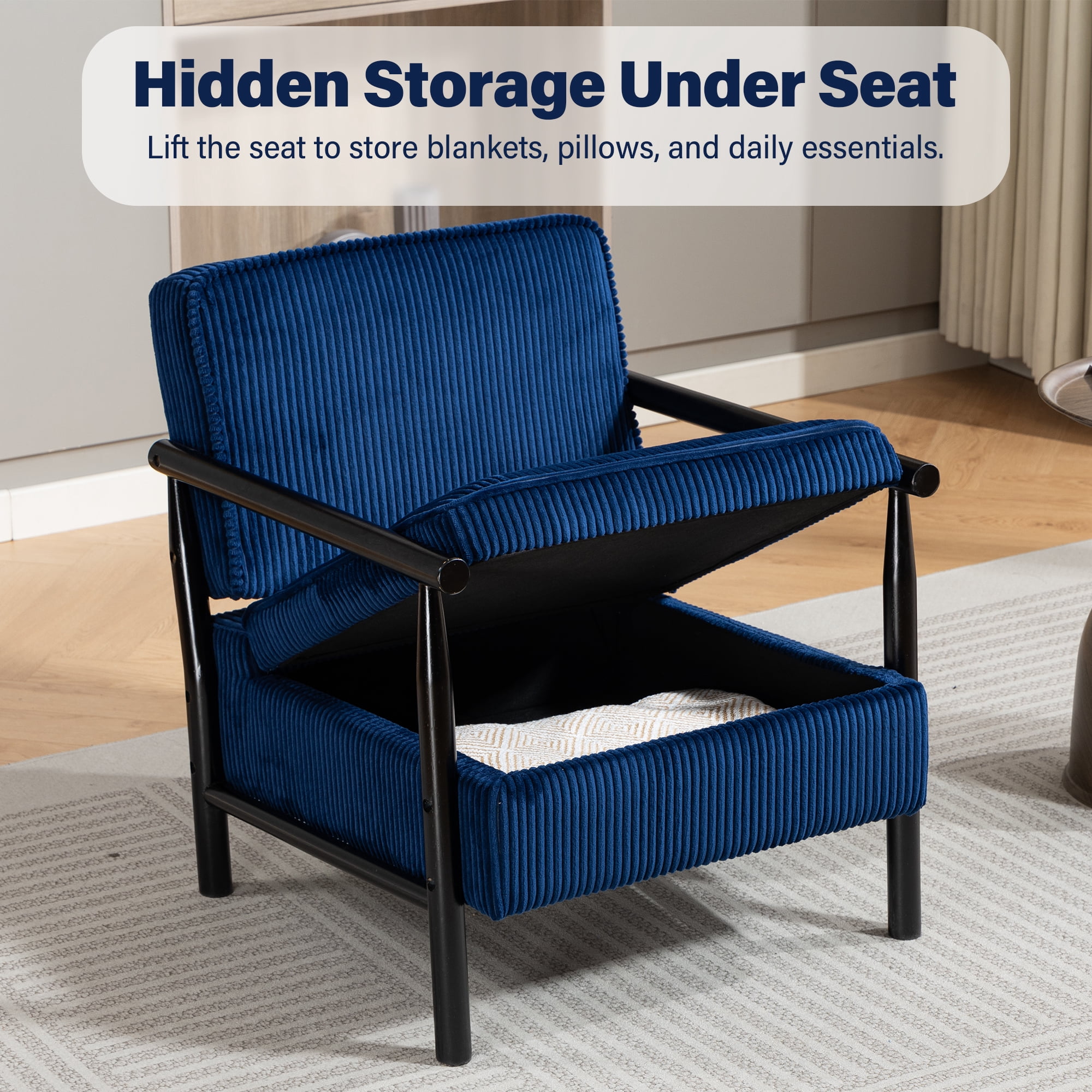 Aukfa Upholstered Accent Chair with Storage Seat & Waist Cushion, High-Density Lounge Armchair for Living Room Bedroom,Blue