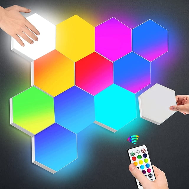 Wall LED Panel with Remote Control, Smart Hexagonal Lights Touch Control RGB Gaming Lamp Night Lights DIY Geometry Splicing Module for Gaming Setup, Home/Bar/Party Decor, Pack of 6
