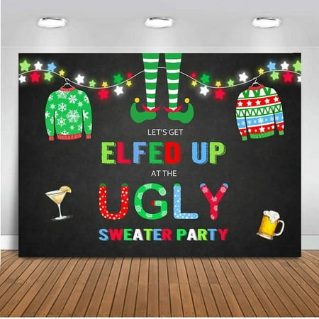 Image of Elfed Up Ugly Sweater Party Backdrop Christmas Ugly Sweater Photography Background 7x5ft Vinyl Christmas