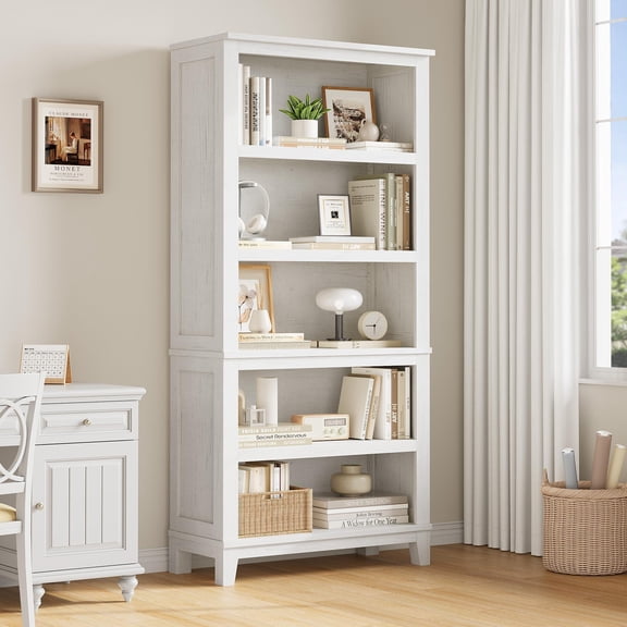 White 71 Inch Tall 5-Tier Wooden Bookshelf, Adjustable Shelf Floor Standing Display Storage Cabinet