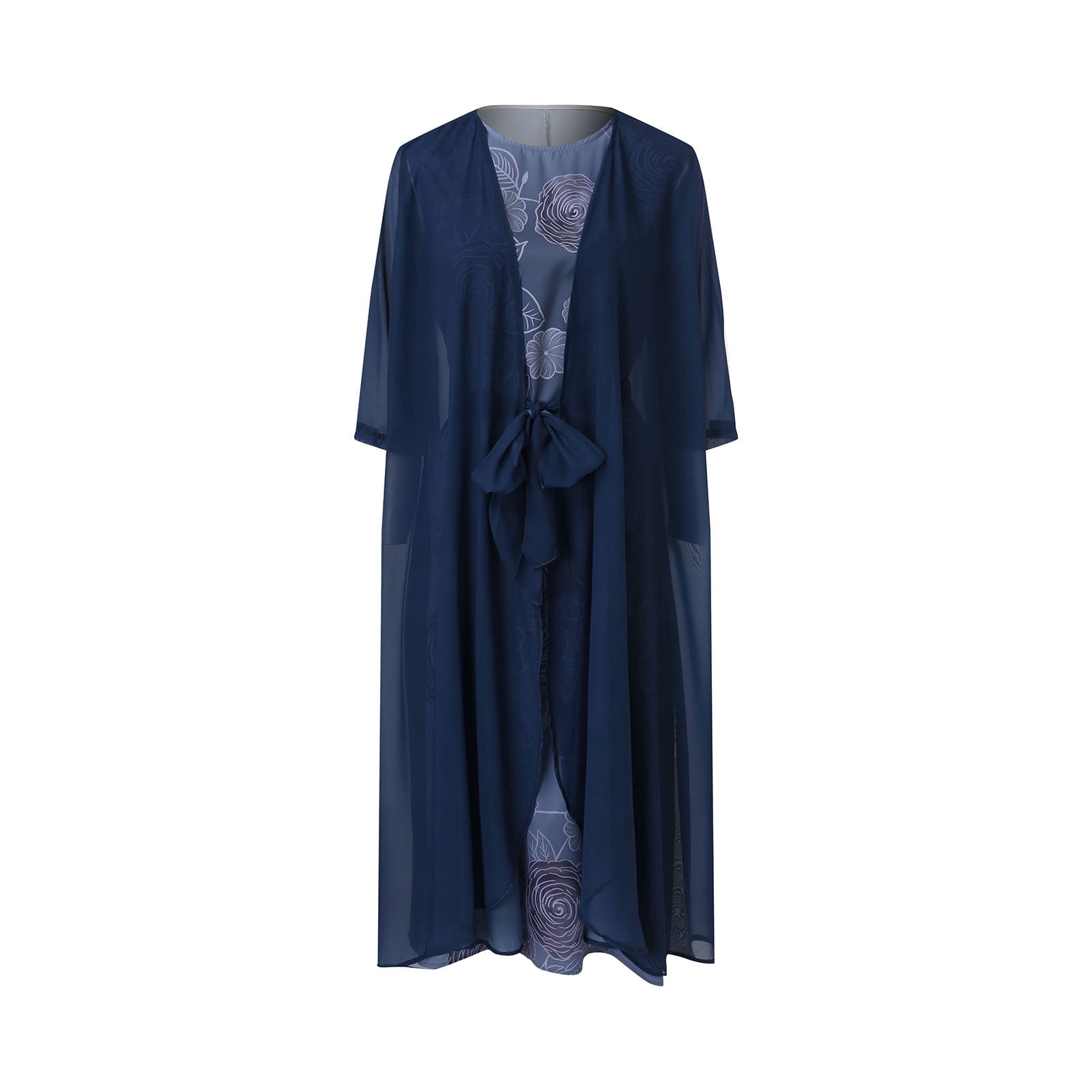 Herrnalise Plus Size Maxi Dresses for Women 2024 Women's Chiffon Dress Bohemian Dress 3/4 Sleeve Floral Embroidered Layered Waist Drawstring Fall Round Neck A Line Dress Navy