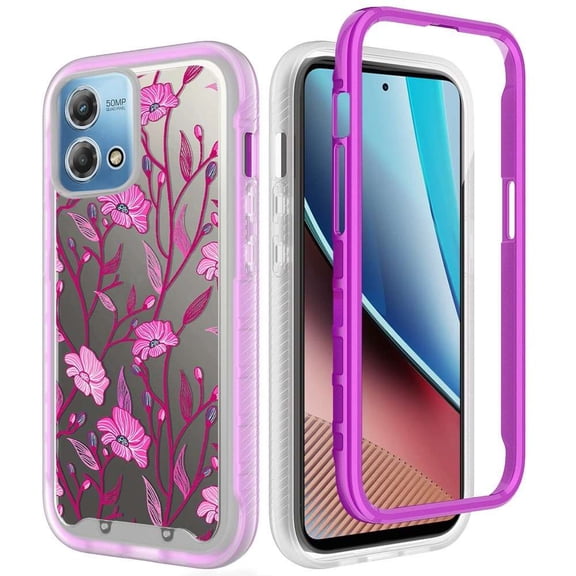 BD Dual Layer Protection Case (with LED Flashlight Keychain) for Motorola Moto G Stylus 5G 2023 - Purple Flower Vines on Clear