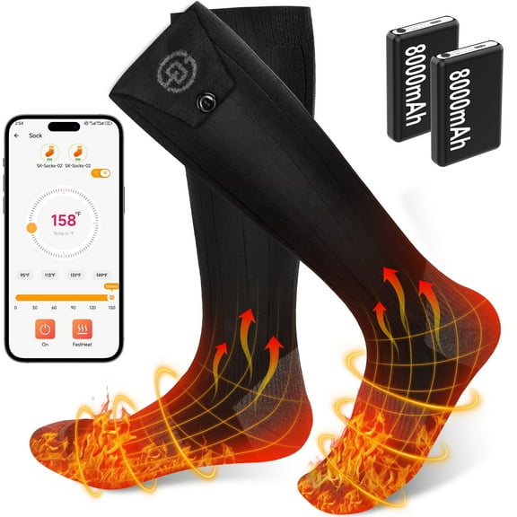 Heated Socks for Men Women with App Control, 8000mAh Electric Heated Socks Rechargeable Batteries for Up to 10 Hours of Heat, 360° Heating, Washable Winter Foot Warmer for Skiing, Camping