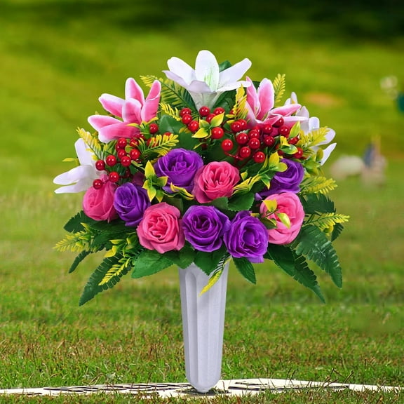 2 Sets Artificial Cemetery Flowers for Grave, Realistic Grave Flowers Memorial Flower UV Resistant Silk Rose Lily Flower with Vase for Cemetery tions (Colorful)