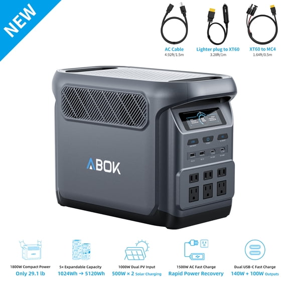 ABOK Elux1 1800W Portable Power Station, 1024Wh LiFePO4 Battery Backup, Expandable to 5120Wh, 1500W Fast Charge, 140W USB-C & 1000W Solar Input for Home Outages