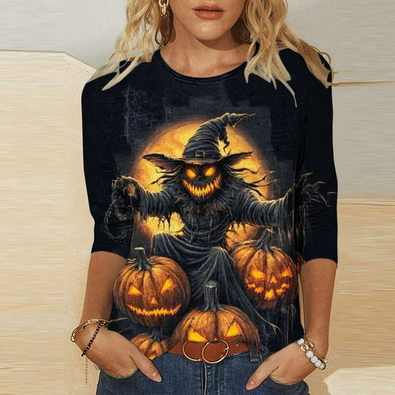 VKOYWKM Womens 3/4 Sleeve Tops Halloween Shirts Halloween Pumpkin Witch Graphic T Shirts Halloween Party Blouse Crew Neck Loose Spooky T-Shirts