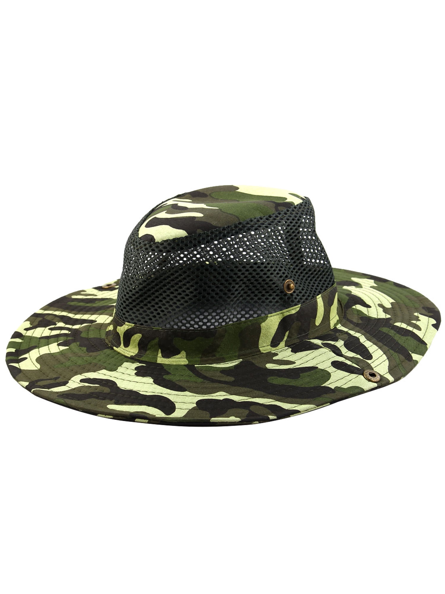 Sourcingmap Men Summer Outdoor Polyster Wide Brim Western Style Camouflage Mesh Cap Net Sunhat Cowboy Hat Army Green 