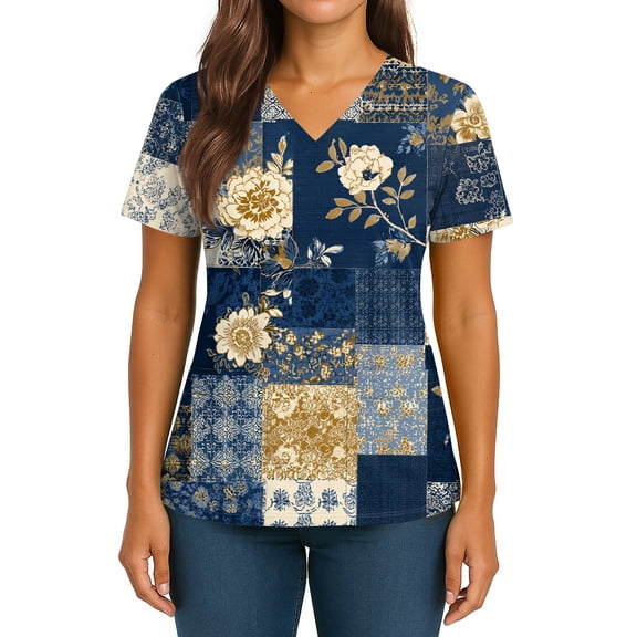 Scrubs for Women V Neck Plus Size Scrubs Tops Vintage Floral Print Nursing Stretch Fitted Holiday Short Sleeve Fashion Uniform Shirts With Pockets Blue 5XL