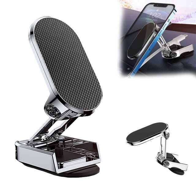 Graflsoa 360° Adjustable Magnetic Car Phone Mount with Foldable Stand, Anti-Slip Surface, Silver - Includes 2 Metal Plates & 1 Adhesive