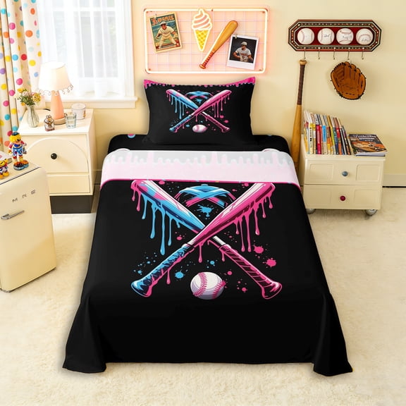 Erosebridal Pink Dripping Black Background Crossed Baseball Bats & Helmet Graphic Twin Sheet Sets 3pcs, Sport Graphic Bedding for Girls Kids,Ultra Soft Home Decor