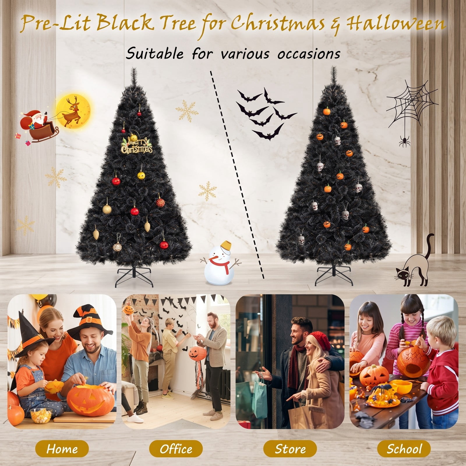 RUIE 6/7/8 FT Pre-Lit Black Artificial Christmas Halloween Tree with 210/320/450 Cool White LED Lights, PVC Hinged Branches, 3-Section Metal Base, Black