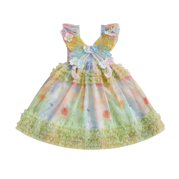 RUINIXCW Fairy Toddler Baby Girl Butterfly Dress Little Baby Girl Summer Smocked Dress Fly Sleeve Frills Casual Princess Birthday Baptism Wedding Party Dress
