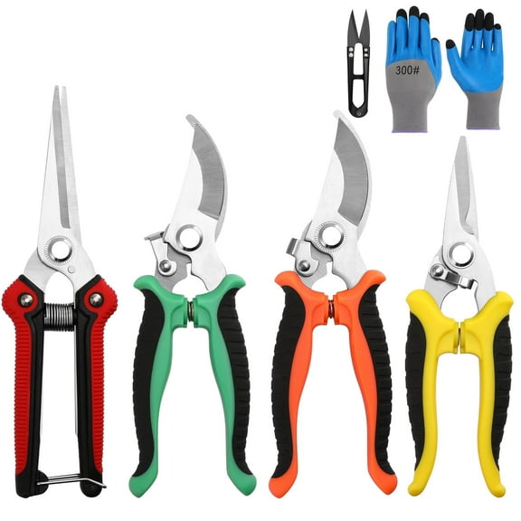 topjuju 5 Pack Garden Pruning Shears Stainless Steel Blades, Handheld Scissors Set with Gardening Gloves, Heavy Duty Garden Bypass Pruning Shears, Tree Trimmer Secateurs, Hand Pruner